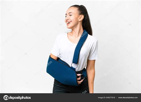 Young Arabian Woman Broken Arm Wearing Sling Isolated White Background ...