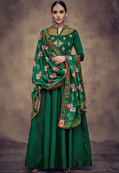 Dark Green Tapeta And Satin Silk Embroidered Readymade Anarkali Gown