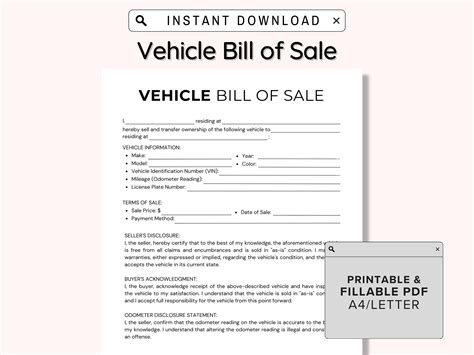 Fillable Vehicle Bill Of Sale Motor Vehicle Sale Contract Printable