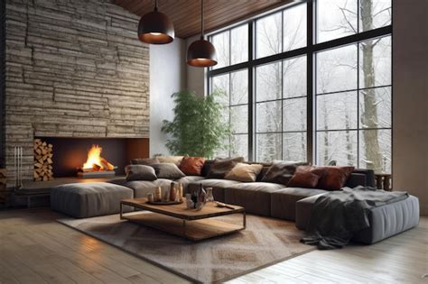 Premium AI Image | A living room with a fireplace and a large couch.