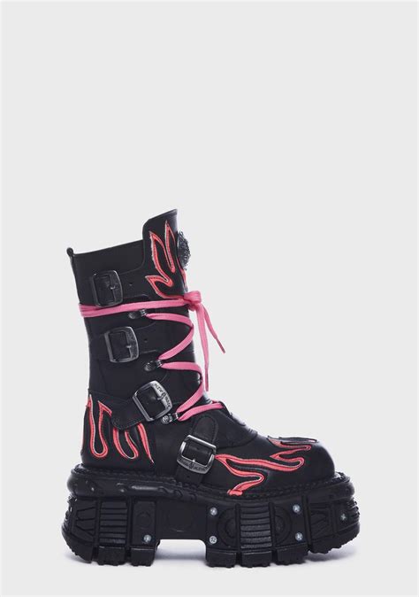 New Rock Flame Buckle Platform Combat Boots Black Pink Dolls Kill