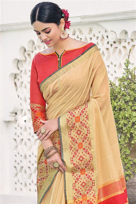 Buy Beige Cotton Saree Online Karagiri