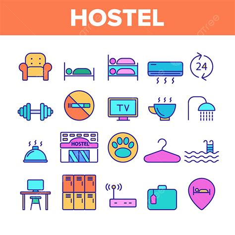 Color Hostel Tourist Accommodation Vector Linear Icons Set Color Icons