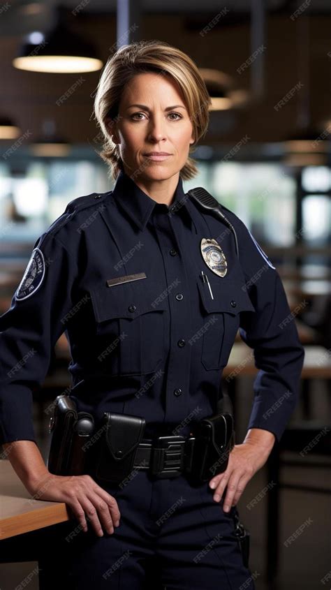 Premium Photo A Female Police Officer Stands In Front Of A Building