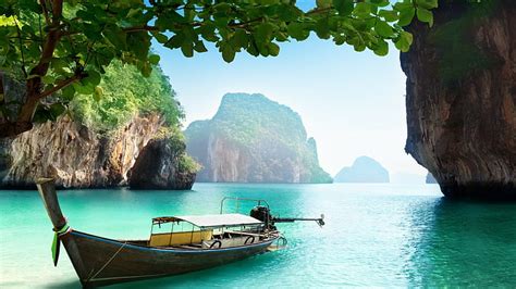 HD wallpaper: rocks, beach, trees, boat, ship, vacation, Thai, water ...