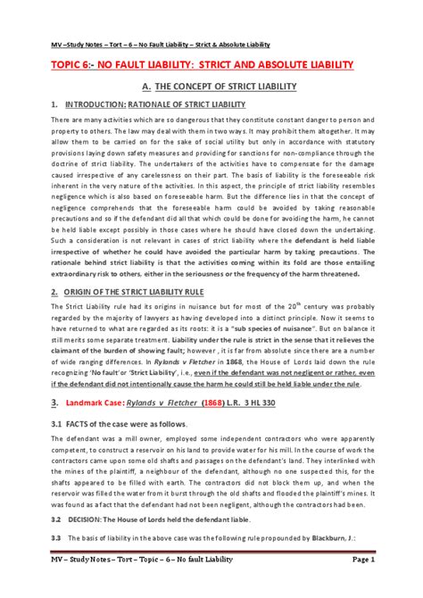 Pdf Tort Topic 6 No Fault Liability Strict And Absolute Liability