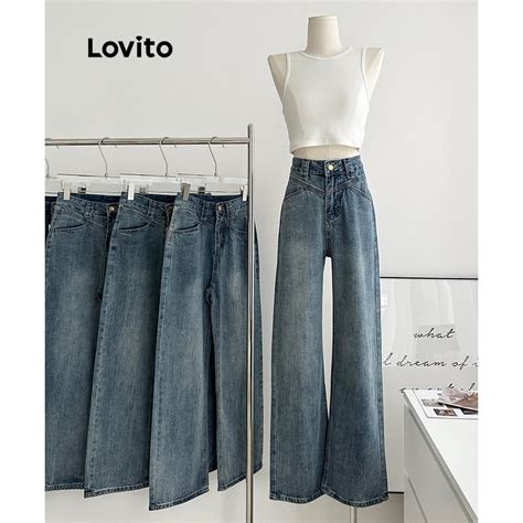 Lovito Casual Plain Structure Line Washed Fabric Stitching Jeans For