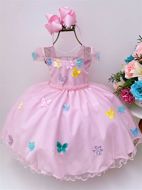 Vestido Infantil Rosa C Aplique Borboletas Flores Ao Elo