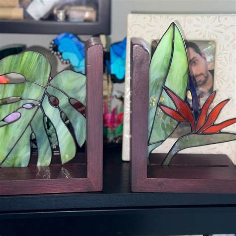 Stained Glass Monstera And Bird Of Paradise Bookends Bookworm Book T Home Decor T