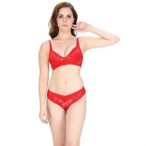 Plain Red Bra And Brief Non Padded Mesh Lycra Jhalar Set Size 30 40 At