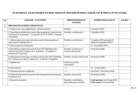 PDF PLAN PRACY I KALENDARZ NA ROK SZKOLNY 2019 2020 Szkolne 2