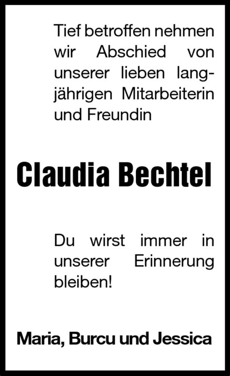 Traueranzeigen Von Claudia Bechtel Vrm Trauer De