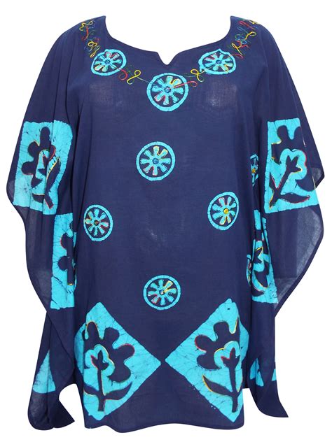 Eaonplus Turq Navy Tie Dye Batik Print Kaftan Tunic Top Plus Size 16