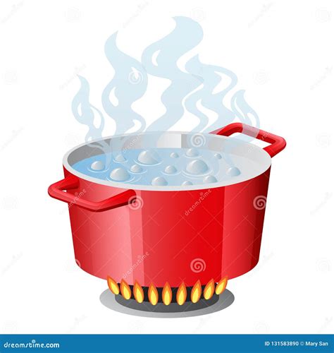 Red Pan, Saucepan, Pot, Casserole, Cooker, Stewpan With Boiling Water And Opened Pan Lid Vector ...