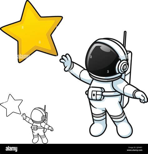 Cute Astronaut Standing Reaching Star With Black And White Line Art