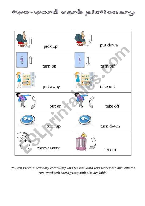 English Worksheets Two Word Verb Pictionary 1 2