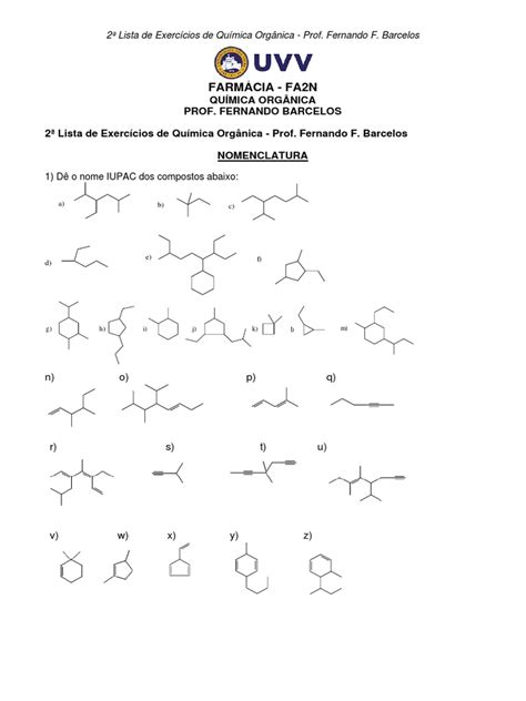 Lista De Exercícios Química Orgânica Pdf Com Gabarito - 2 Lista de Exercícios - Quím. Orgânica - Com Gabarito - FA2N | PDF ...