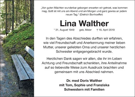 Traueranzeigen Von Lina Walther Trauer Nn De