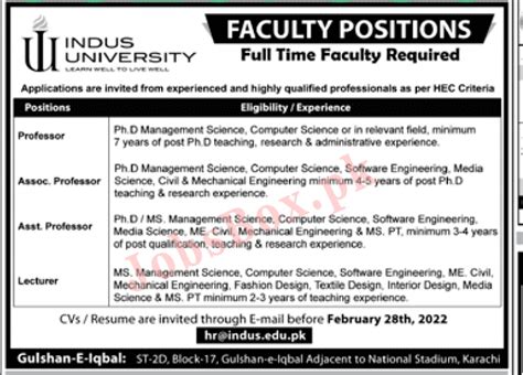 Today Teaching Jobs in Indus University Karachi