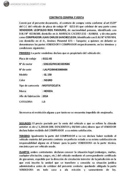 Modelo contrato compra venta de vehículo CONTRATO COMPRA Y VENTA