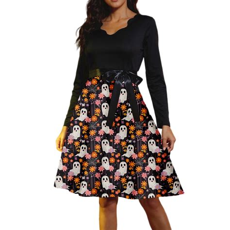 Domzest Women's Halloween Dress Fall Vintage Bloody Printed Long