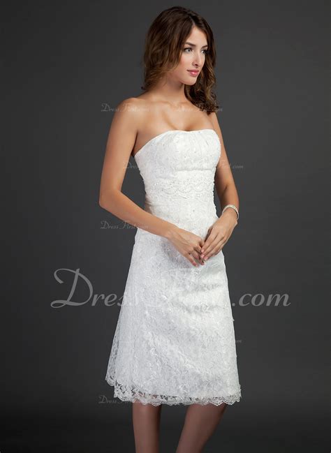 Sheath Column Strapless Knee Length Lace Homecoming Dress With Beading