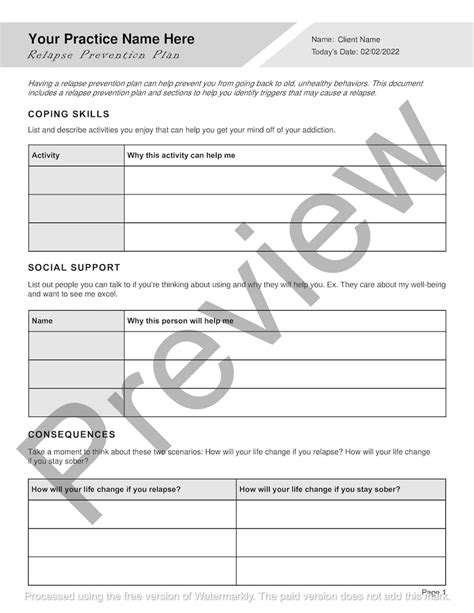 Relapse Prevention Plan Worksheet Editable Fillable Pdf For