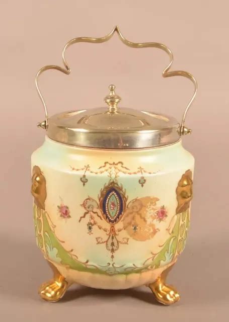 Antique English Crown Devon Hand Painted Porcelain Biscuit Jar