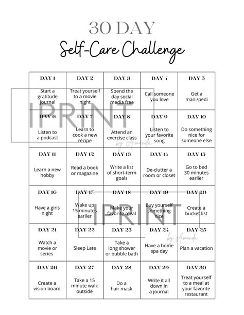 30 Day Self Care Challenge Printable Etsy