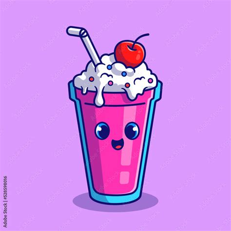 Cute Milkshake With Cherry Cartoon Vector Icon Illustration Food And