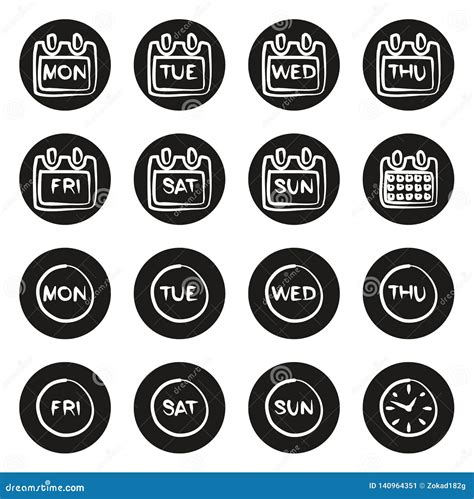 Days Of The Week Icons Freehand White On Black Circle Stock Vector