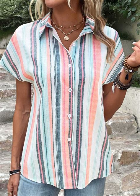 ROTITA Plus Size Button Multi Color Striped Blouse Rotita USD