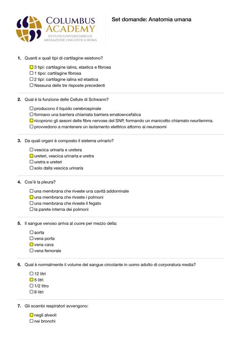 Anatomia Umana Set Completo E Corretto Di Domande A Risposta Chiusa