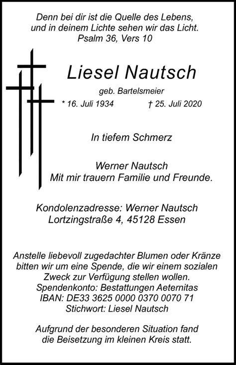 Traueranzeigen Von Liesel Nautsch Trauer In Nrw De