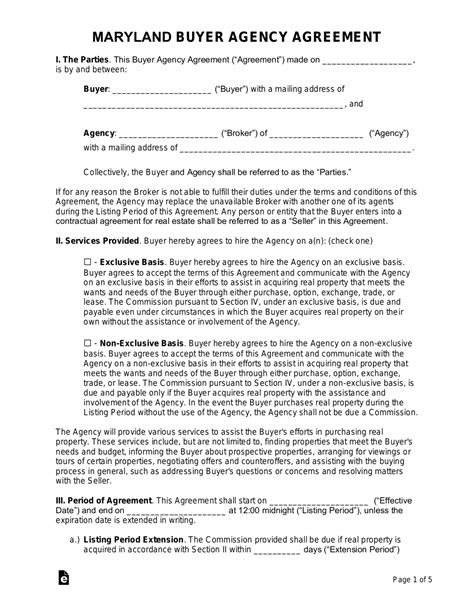 Free Maryland Buyer Agency Agreement Pdf Word Eforms