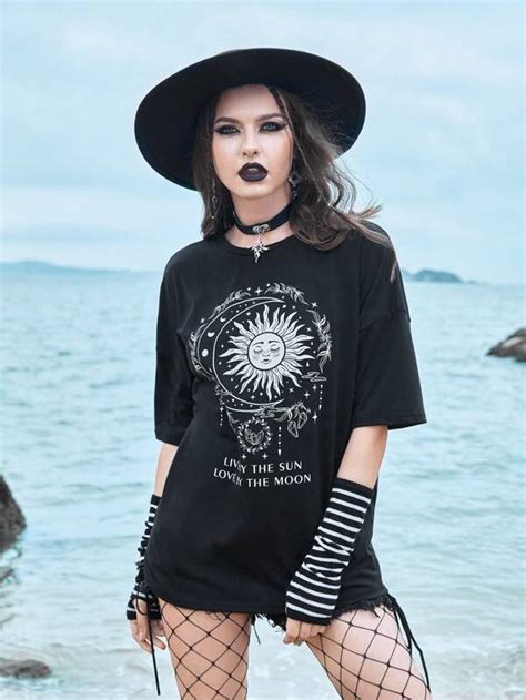 Goth Sun Moon Graphic Oversized Tee SHEIN USA