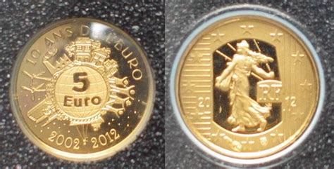 Frankreich FRANCE 5 Euro 2012 Sower 10TH ANNIVERSARY OF EURO Gold Proof