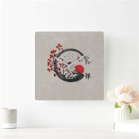 Zen Enso Circle And Sakura Branches Square Wall Clock Zazzle