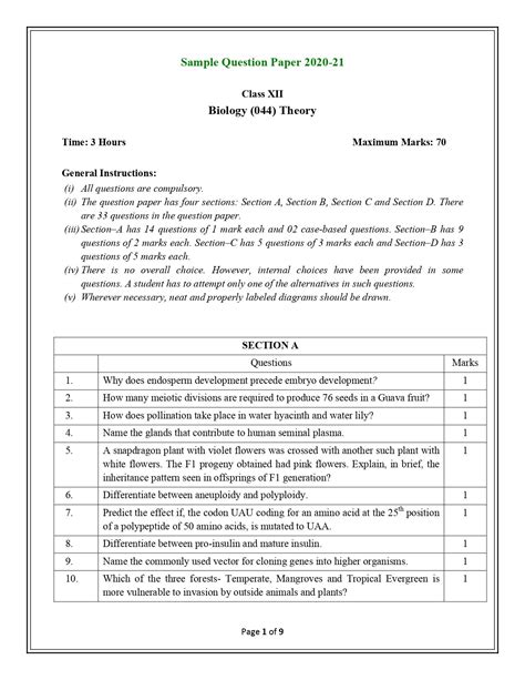 Sample Paper Of Biology Class Hp Board Examples Papers