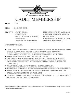 Fillable Online Caf Cadet Membership Application Contrailsus Fax