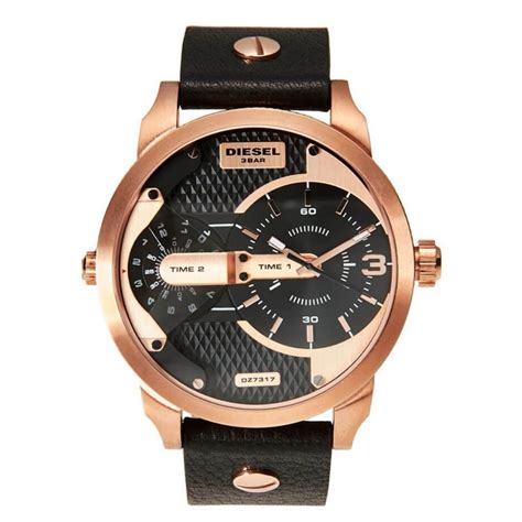 Diesel Mini Daddy herenhorloge met drie wijzers in roségoud leer