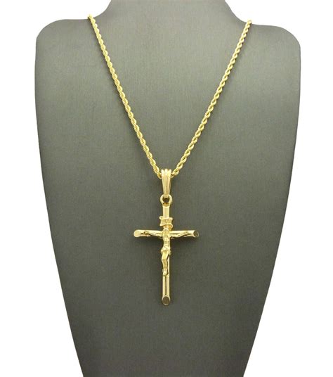 Polished INRI Crucifix Jesus Pendant With Chain Necklace 3mm 18 Gold