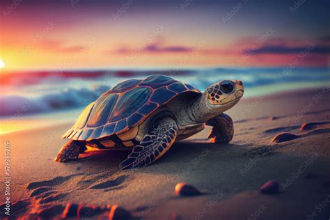 Beautiful Sea Turtle On The Beach In Sunset Made With Generated Ai