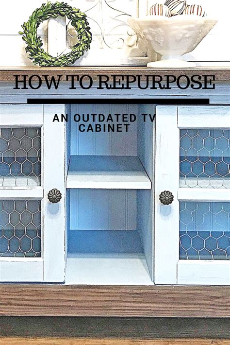 Repurposed TV Stand Into Cabinet Bench Light Blue Chicken Wire Oh