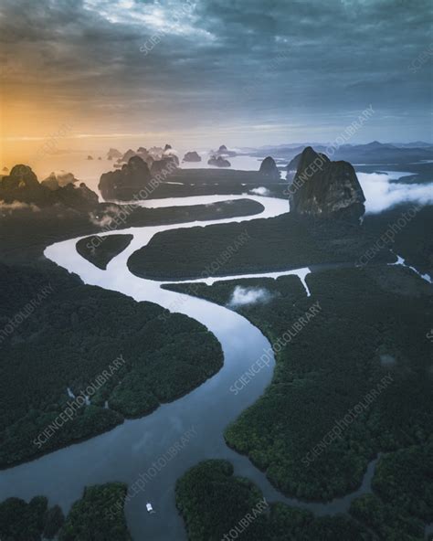 Aerial view of Phang Nga bay at sunrise, Thailand - Stock Image - F040/4447 - Science Photo Library