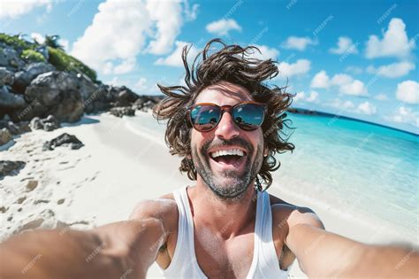 Premium Photo Excited Handsome Man Taking Selfie In The Beach