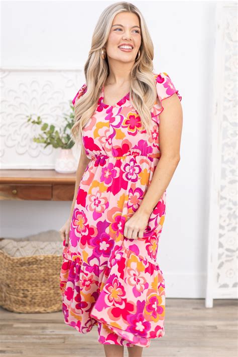 Fuchsia Floral Print Midi Dress · Filly Flair