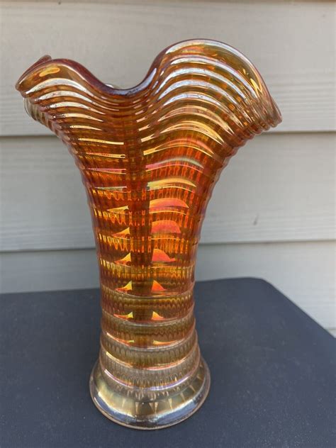 Imperial Ripple Marigold Carnival Glass Vase Amber Vintage 8 5” Ebay