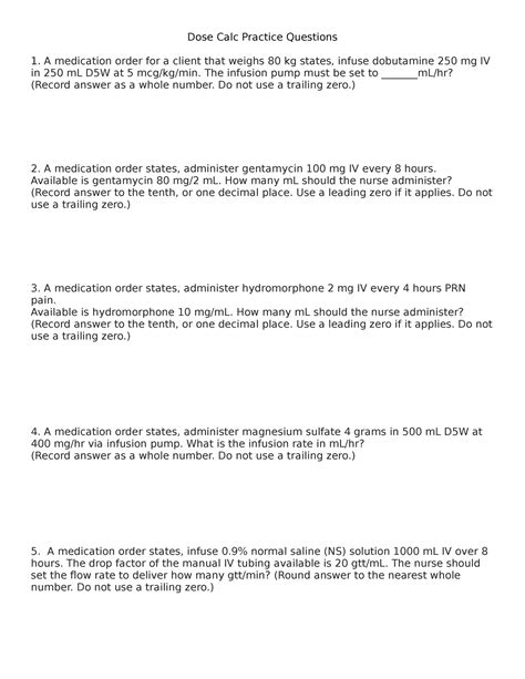 Dose Calculations Practice Worksheet Math For Nursing Dose Calc Practice Questions A