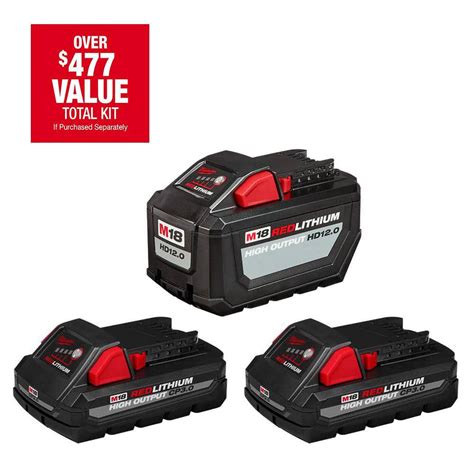 Milwaukee M18 18-Volt Lithium-Ion High Output 12 Ah Battery w/ 2x 3 Ah ...